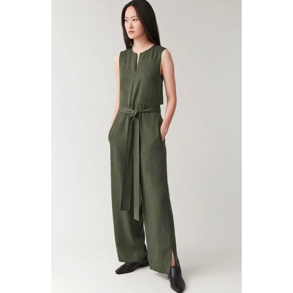 NEW COS Open Back Olive Green Sleeveless Wide Leg Belted Jumpsuit Womens Size 12